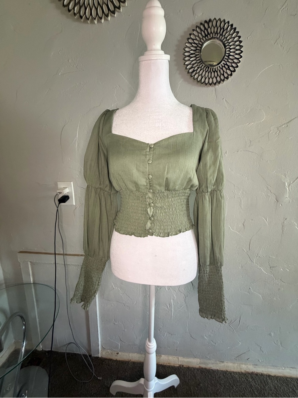 Fashion Nova Olive Green Smocked Button-Front Peasant Top